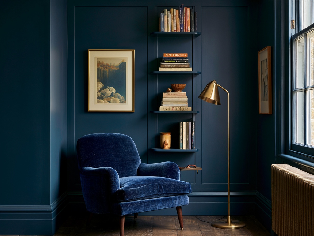 Deep blue reading corner with an upholstered armchair, wall-mounted bookshelves, brass floor lamp, and window
