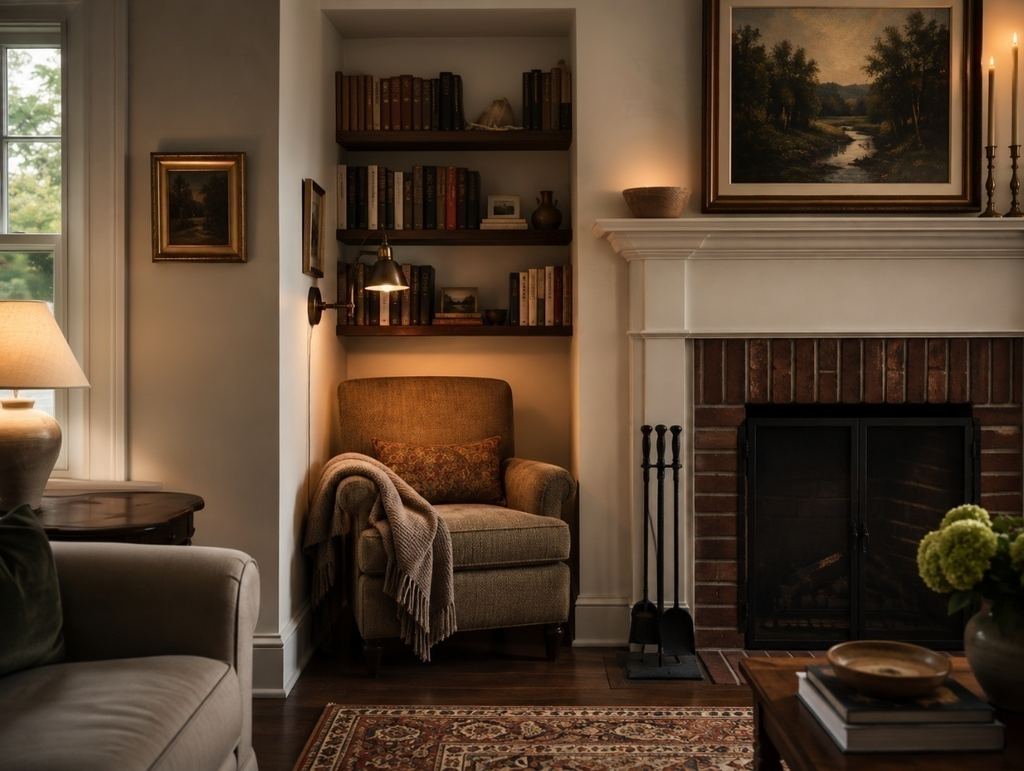 Cozy reading nook beside a fireplace with an upholstered chair, built-in bookshelves, reading light, and throw blanket
