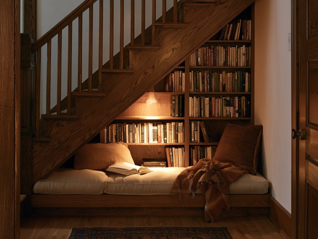 Reading nook ideas for an awkward space under the stairs with built-in bookshelves, cushioned seating, and warm lighting.