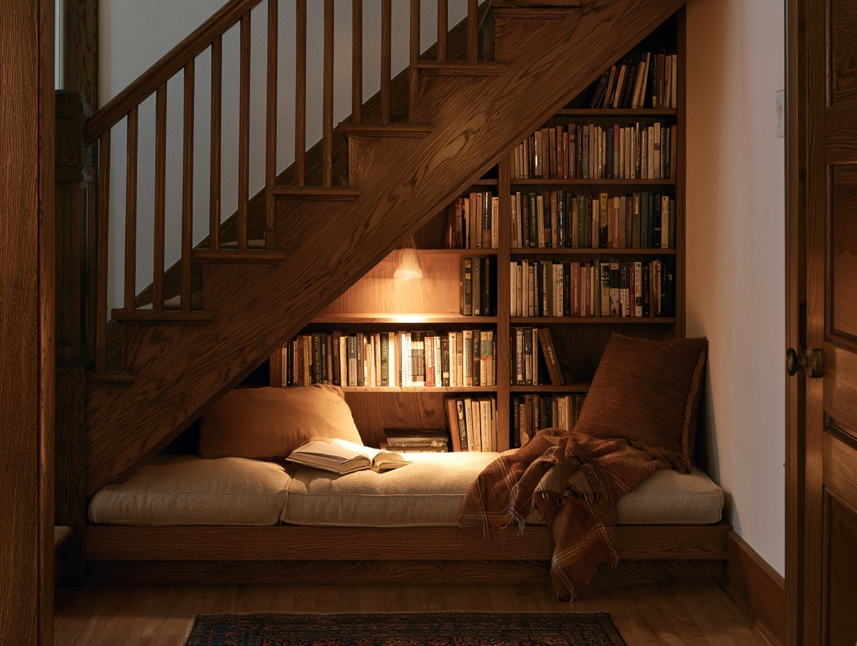 AI-imagined cozy reading nook built into unused space under a staircase