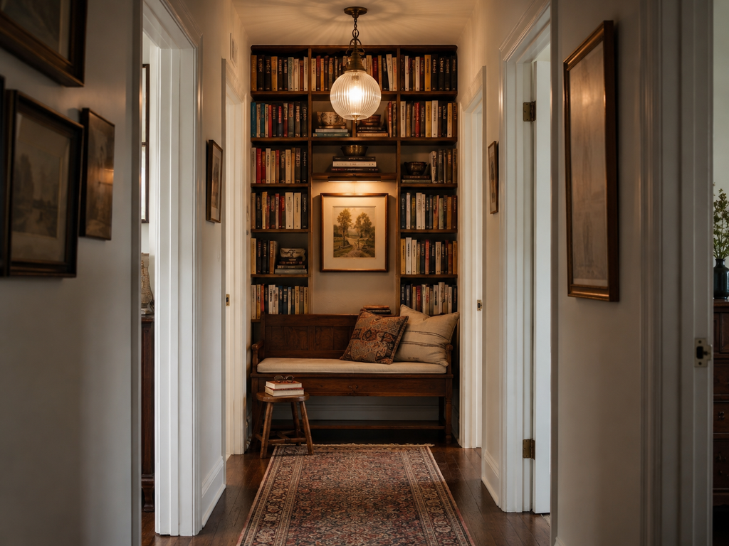 Reading nook built into the end of a narrow hallway with a cushioned wooden bench, books, and warm overhead lighting