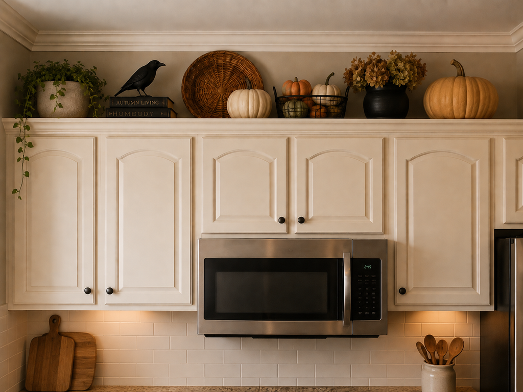 Space above kitchen cabinets decorated for Halloween with pumpkins, a black crow, books, and dark seasonal accents