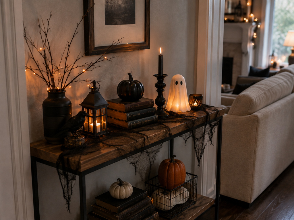 Narrow console table decorated for Halloween with a black pumpkin, glowing ghost, lantern, bare branches, and dark accents