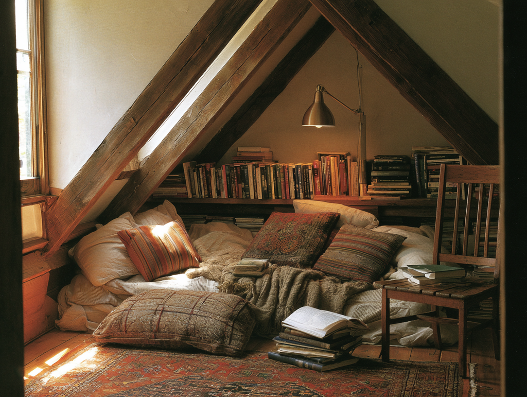 Low attic reading nook beneath sloped ceilings and exposed wood beams with floor cushions, books, and a hanging reading light