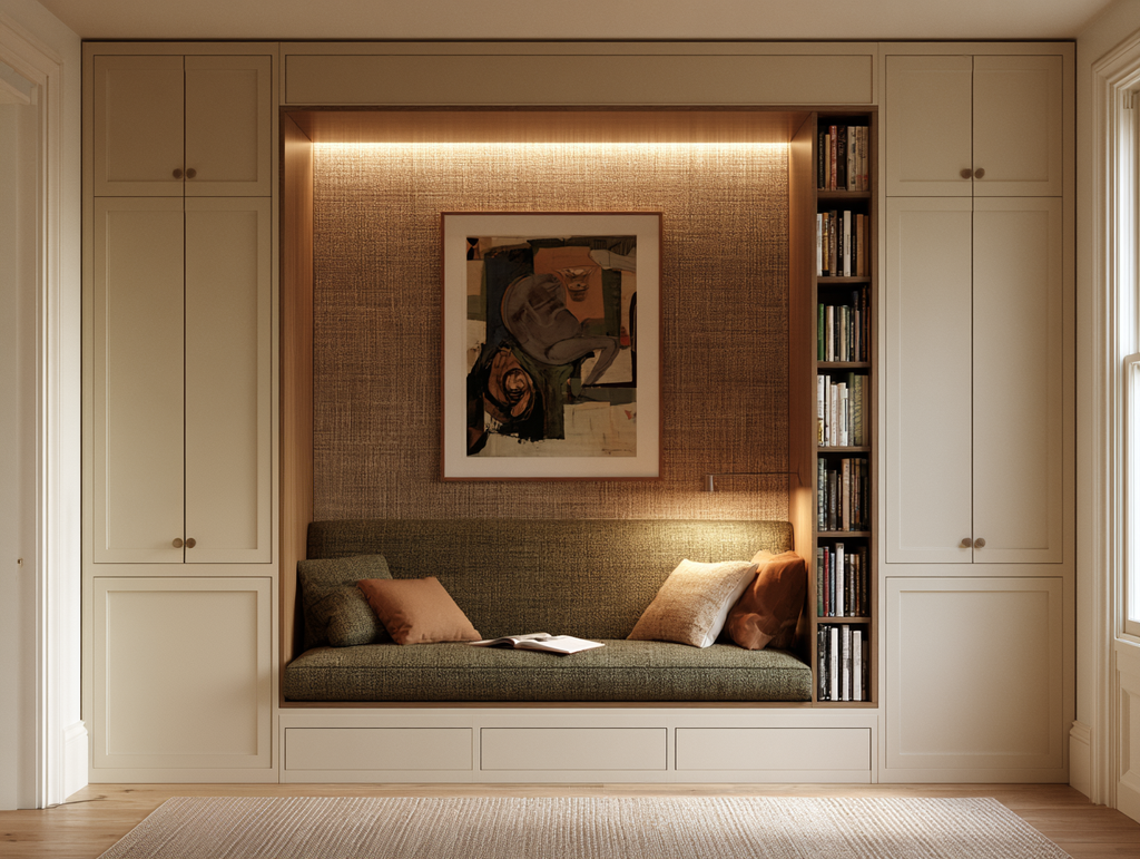 Modern recessed reading nook with an upholstered bench built into a wall of floor-to-ceiling cabinetry and bookshelves