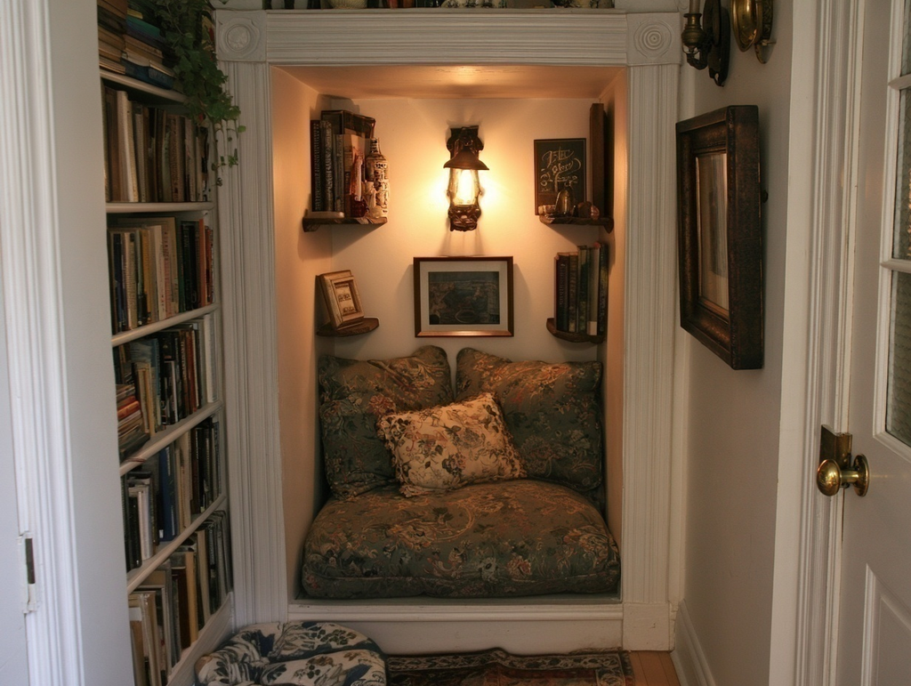 Cozy reading nook created inside an unused closet with a cushioned seat, bookshelves, pillows, and warm lighting