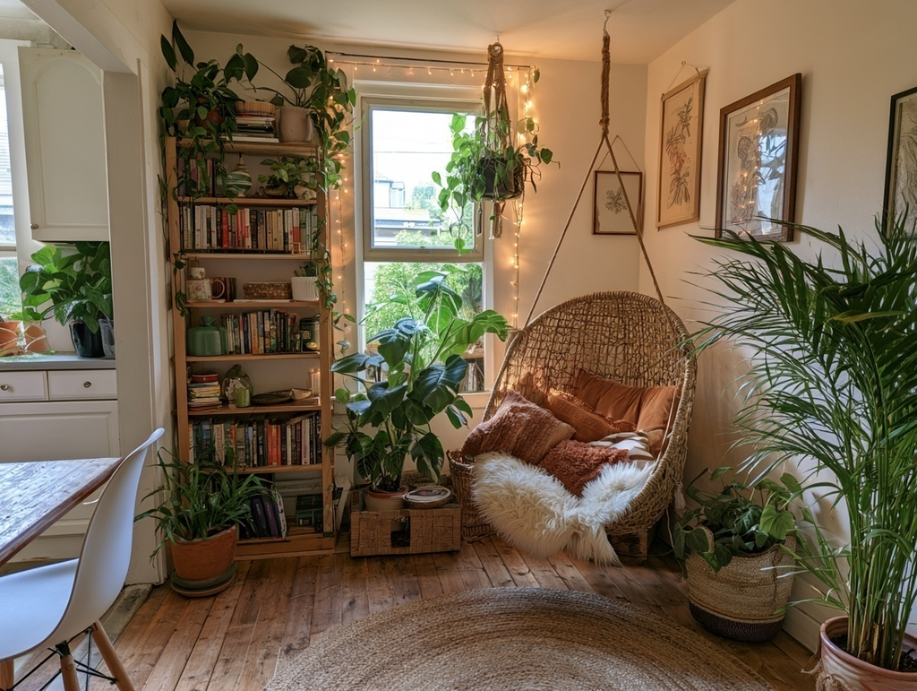 Unused breakfast nook transformed into an eclectic reading space with a hanging chair, bookshelf, plants, and natural light