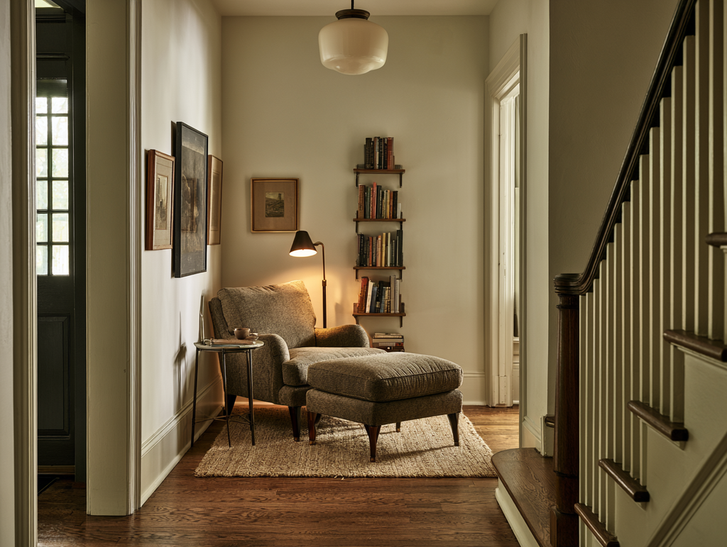 Reading nook in a wide hallway with an upholstered chair, ottoman, floor lamp, and narrow wall-mounted bookshelves
