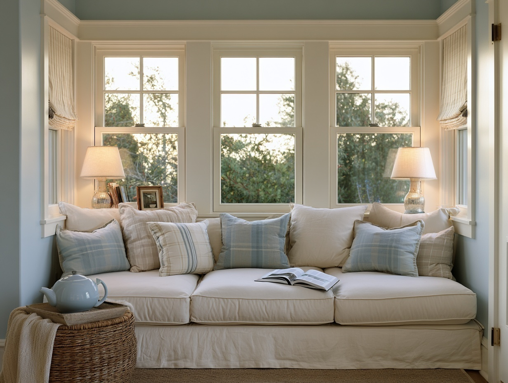 Bright window alcove converted into a reading nook with a deep cushioned bench surrounded by windows