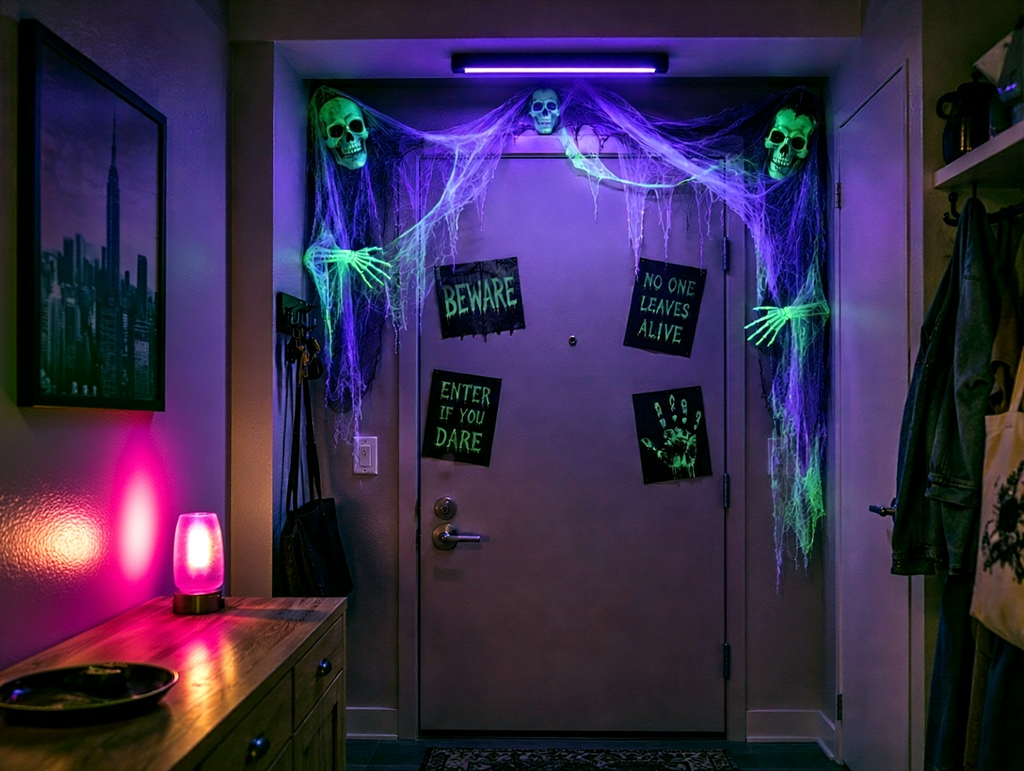 Small apartment entryway decorated for Halloween with blacklights, glowing skulls, skeleton hands, cobwebs, and spooky signs