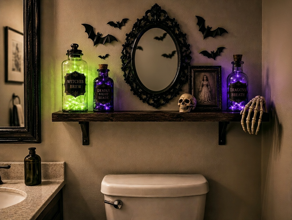 Small bathroom shelf decorated for Halloween with glowing apothecary bottles, a skull, bats, and a skeleton hand