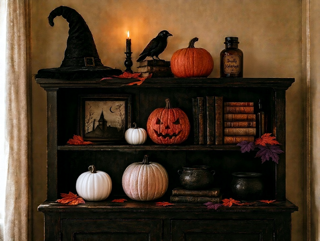 Bookshelf decorated for Halloween with a witch hat, crow, pumpkins, haunted house picture, old books, and a cauldron