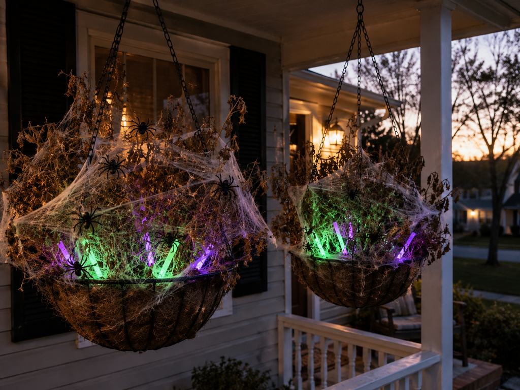 Dead hanging porch baskets repurposed for Halloween with spiderwebs, black spiders, and green and purple lights