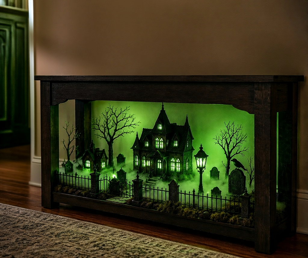 Empty space under a console table turned into a glowing Halloween haunted village with a miniature mansion and graveyard