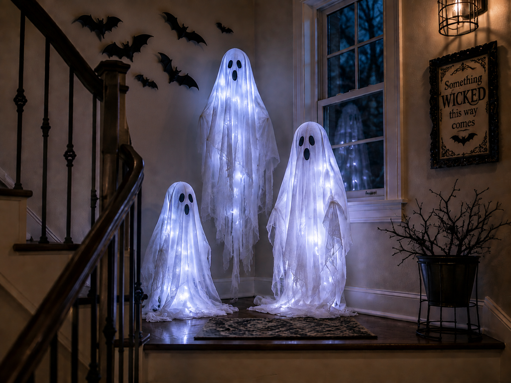 Empty stair landing decorated for Halloween with three glowing ghosts, black bats, and spooky wall decor