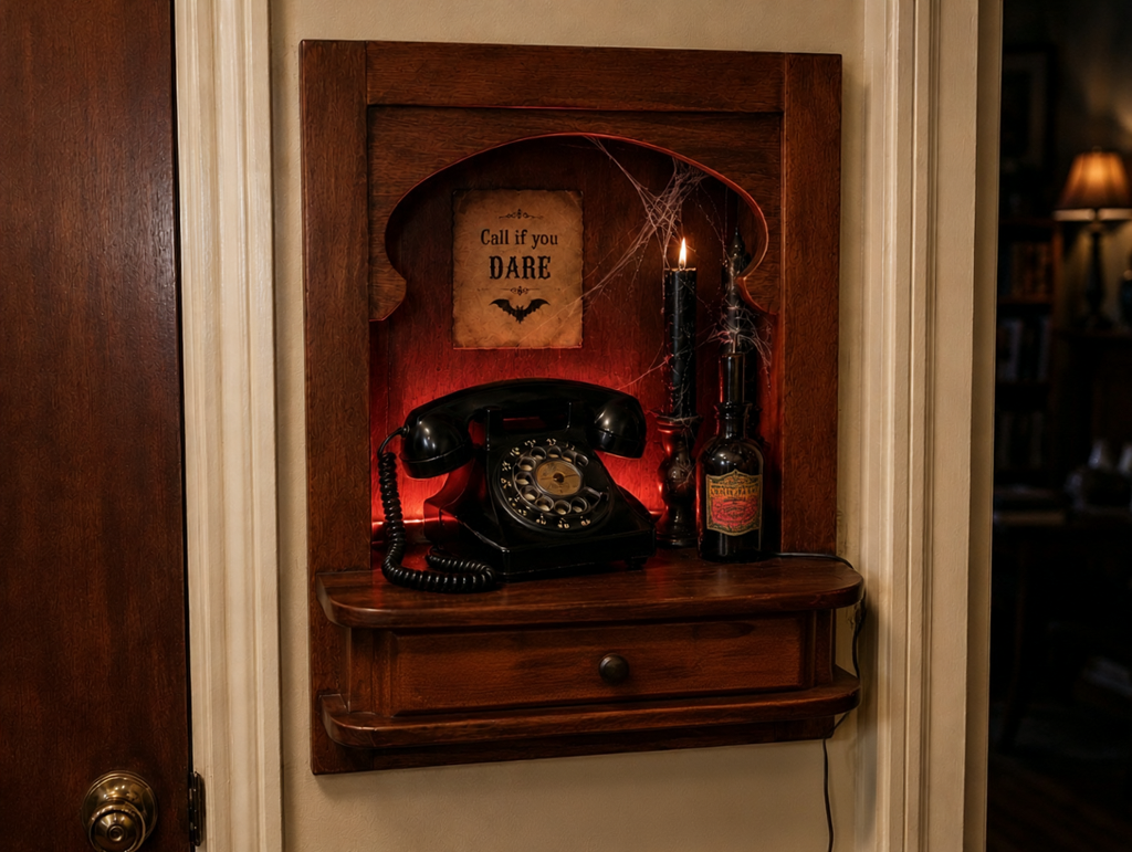 Vintage wall phone nook decorated for Halloween with a black rotary phone, red glow, cobwebs, and a Call if You Dare sign