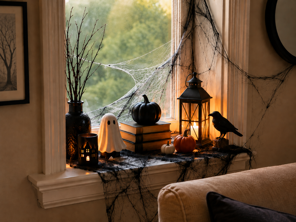 Halloween decor ideas for small spaces with pumpkins, a ghost, crow, lantern, and cobwebs on a windowsill